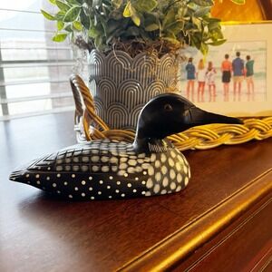 Vintage hand painted Loon duck decoy Black Gray Bird Wood Wooden Decor Art